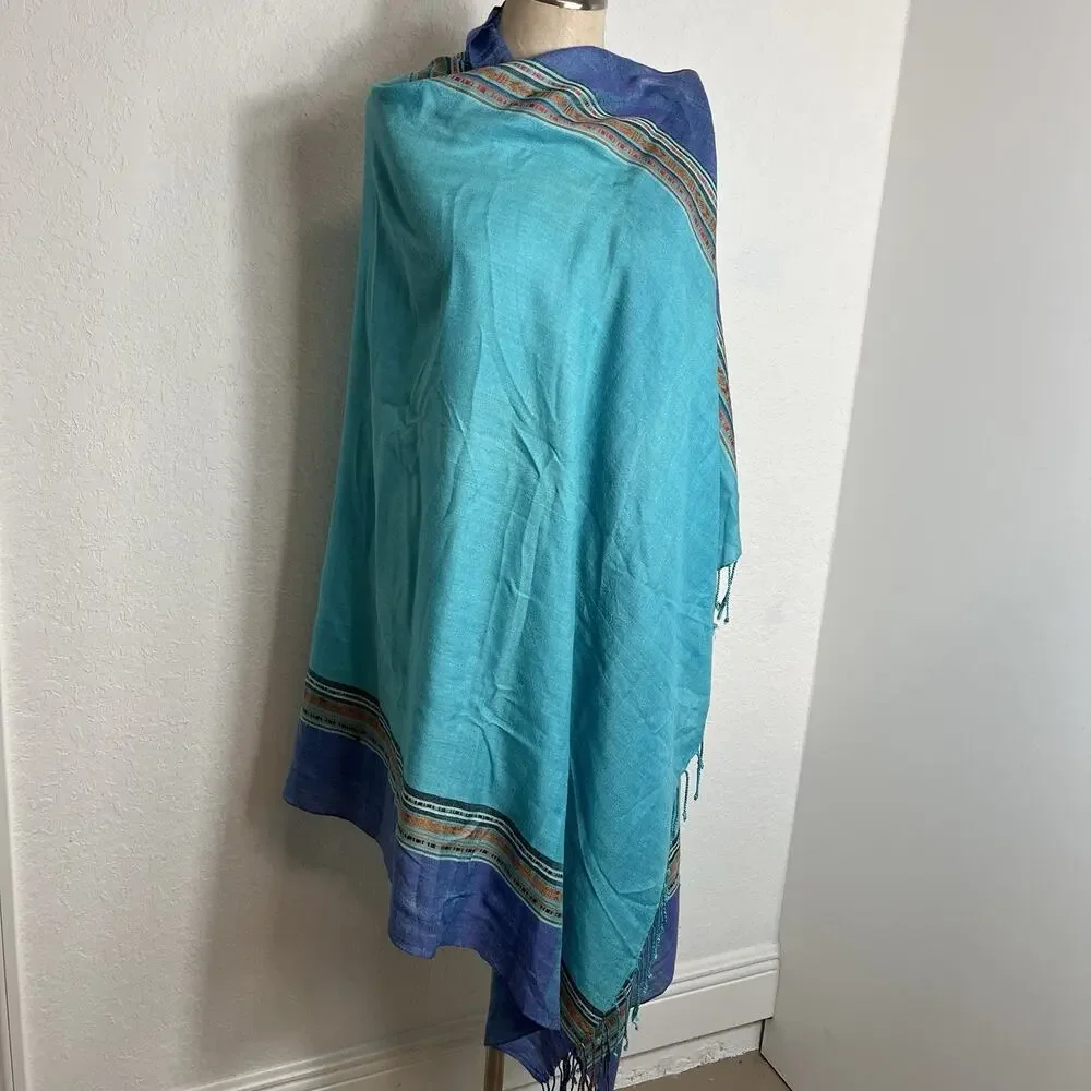 Blue Pashmina Scarf Wrap Unbranded Tassels at ends, Bohemian, Coastal, Travel